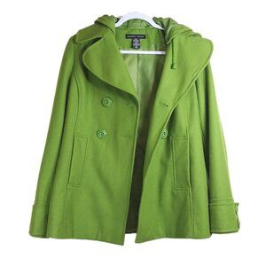 New York & Co Hooded Trench Coat Womens 4 Green Double Breasted Wool Blend Retro